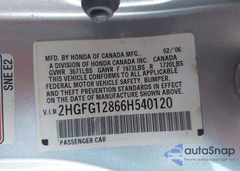 2006 Honda Civic Ex from USA, damaged, VIN 2HGFG12866H540120